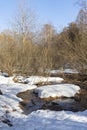 After the Winter Snow is Melting, the Flow of Water in Wooded Area. spring. a stream in the forest. thawing areas. Little creek