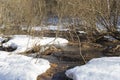 After the Winter Snow is Melting, the Flow of Water in Wooded Area. spring. a stream in the forest. thawing areas. Little creek