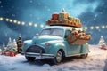 winter snow merry retro gift festive car christmas holiday candy. Generative AI.