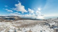 Winter snow mountain panorama. panoramic aerial view above sea and snow covered frozen mountains with deep blue sky and Royalty Free Stock Photo