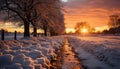 Winter snow outdoors, nature tree sunset season landscape dusk frost ice forest sunlight sun weather night rural scene Royalty Free Stock Photo