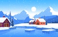 Winter Snow Pine Mountain House Lake Nature Landscape Illustration