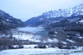 Winter and snow in Pyrenees lake Huesca Spain