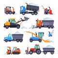 Winter Snow Removal Machines Collection, Cleaning Road Snowblower, Snow Plow Vehicles Vector Illustration Royalty Free Stock Photo
