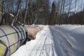 Winter. snow. road. the finger of the hand shows the direction of movement. Royalty Free Stock Photo