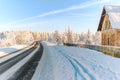 Winter snow road trees sunset cross country Royalty Free Stock Photo