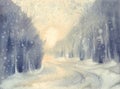 Winter snow road watercolor background. Forest landscape