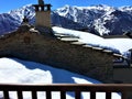 Winter, snow, roof, chimney stack, balcony and mountains
