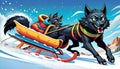 winter snow sled ski snowboard board black wolf dog family Royalty Free Stock Photo