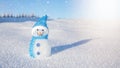 Winter snow snowman background - Little cute Snowman sits on snow in snowy black forest landscape with snowflakes blue sky and