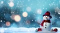 Winter snow snowman background panoramic banner panorama - Little cute Snowman sits on snow in snowy forest with snowflakes and