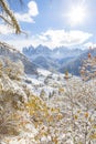 Winter snow in the Val di Funes on the Dolomites mountains Royalty Free Stock Photo