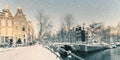 Winter snow view of a Dutch canal in Amsterdam Royalty Free Stock Photo