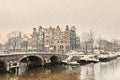 Winter snow view of a Dutch canal in Amsterdam