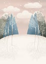 Winter snow woodland nature landscape for Christmas holiday greeting card. Nordic forest with tree, pine, hills and copy space.