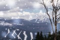 Winter snowfall in the Carpathian mountains. Holidays in the ski resort Royalty Free Stock Photo