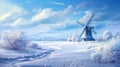 Winter snowfall, giving a windmill, a magic view