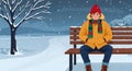 In the winter snowfall, a man in a yellow coat sitting on a bench in a snow-covered park Royalty Free Stock Photo