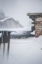 Winter, snowfall. Photo of the old factory. windows and roof of the old factory building. snow-covered old factory Royalty Free Stock Photo