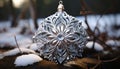 Winter snowflake on wood branch, symbol of beauty generated by AI Royalty Free Stock Photo