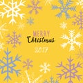 Winter snowflakes frame. Vector illustration of pink, blue and white snowflakes on yellow background. Merry Christmas 2017 written