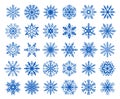 Winter snowflakes icons, ice flakes, snow crystals ornaments. Christmas snowflake decorations, blue frozen crystal