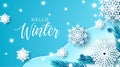 Winter snowflakes vector background design. Hello winter greeting text with snow flakes paper art pattern element in blue space. Royalty Free Stock Photo