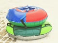 Winter. Snowing. Inflatable sleigh, cheesecake . Close-up Royalty Free Stock Photo