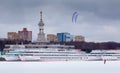 Winter snowkiting at Moscow North River Port Royalty Free Stock Photo