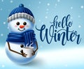 Winter snowman character vector background design. Hello winter typography in empty snowy space