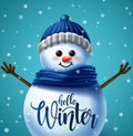 Winter snowman character vector concept design. Hello winter greeting in snow ball space for text