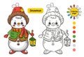 Winter snowman coloring page for preschool children. Cute ice snow man from snowballs with lantern kid colouring book game. Vector Royalty Free Stock Photo