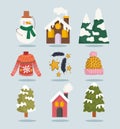 winter snowman house snow mountain tree sweater icons set cartoon Royalty Free Stock Photo