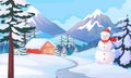 Winter snowman landscape. House in snowy mountain valley. Cartoon background with snow drifts and ice sculpture. Cold Royalty Free Stock Photo