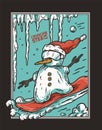 Winter snowman on snowboard for ice print design Royalty Free Stock Photo