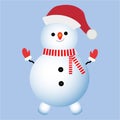 Winter snowman vector design on a blue background. Christmas design with a snowman. A snowman with neck muffler, winter hat, tree