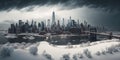 winter snowstorm hits City. Skyscraper covered with snow. Aerial view. Generative AI