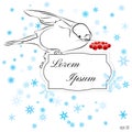 Winter snowy card with beautiful Bullfinch with branch of red rowan and empty place for your text