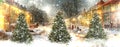 Winter snowy city ,Christmas tree on on marketplace medieval town  blue sky and snow flakes holiday  card panorama Royalty Free Stock Photo