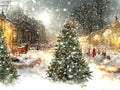winter snowy city ,Christmas tree on on marketplace medieval town  blue sky and snow flakes holiday  card panorama Royalty Free Stock Photo