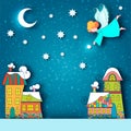 Winter snowy city landscape. Christmas background with fairy tale houses and angel with stars and moon in the sky at holiday eve.