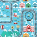 Winter snowy city train track seamless pattern