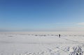 Winter snowy coastal landscape on a sunny day. Frozen river. Clear sky. Open space. The figure of single traveler