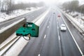 Winter snowy day view of average speed traffic camera over UK Motorway