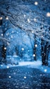 Winter Snowy Evening. Trees Glistening Under Starry Sky and Snowfall Illuminated by Street Lights Royalty Free Stock Photo