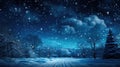 Winter Snowy Evening. Trees Glistening Under Starry Sky and Snowfall Illuminated by Street Lights Royalty Free Stock Photo