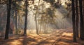 Winter. Snowy forest. Branches bend from a lot of snow. Morning. The sun`s rays permeate the trees.