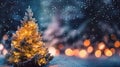 Winter snowy forest with Christmas tree decorated with lights