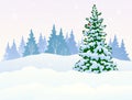 Winter snowy forest with Christmas tree