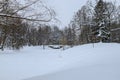 Winter snowy landscape. Bridge over the frozen pond. Snow-covered park on a cold winter day